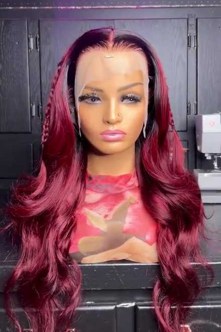 Burgundy body wave, custom unit on a mannequin
