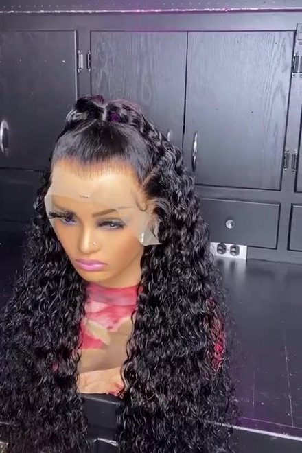 Natural black deep curl, custom unit on a mannequin