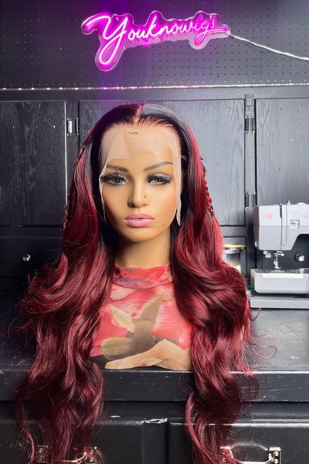 Red ombré body wave, custom unit on a mannequin